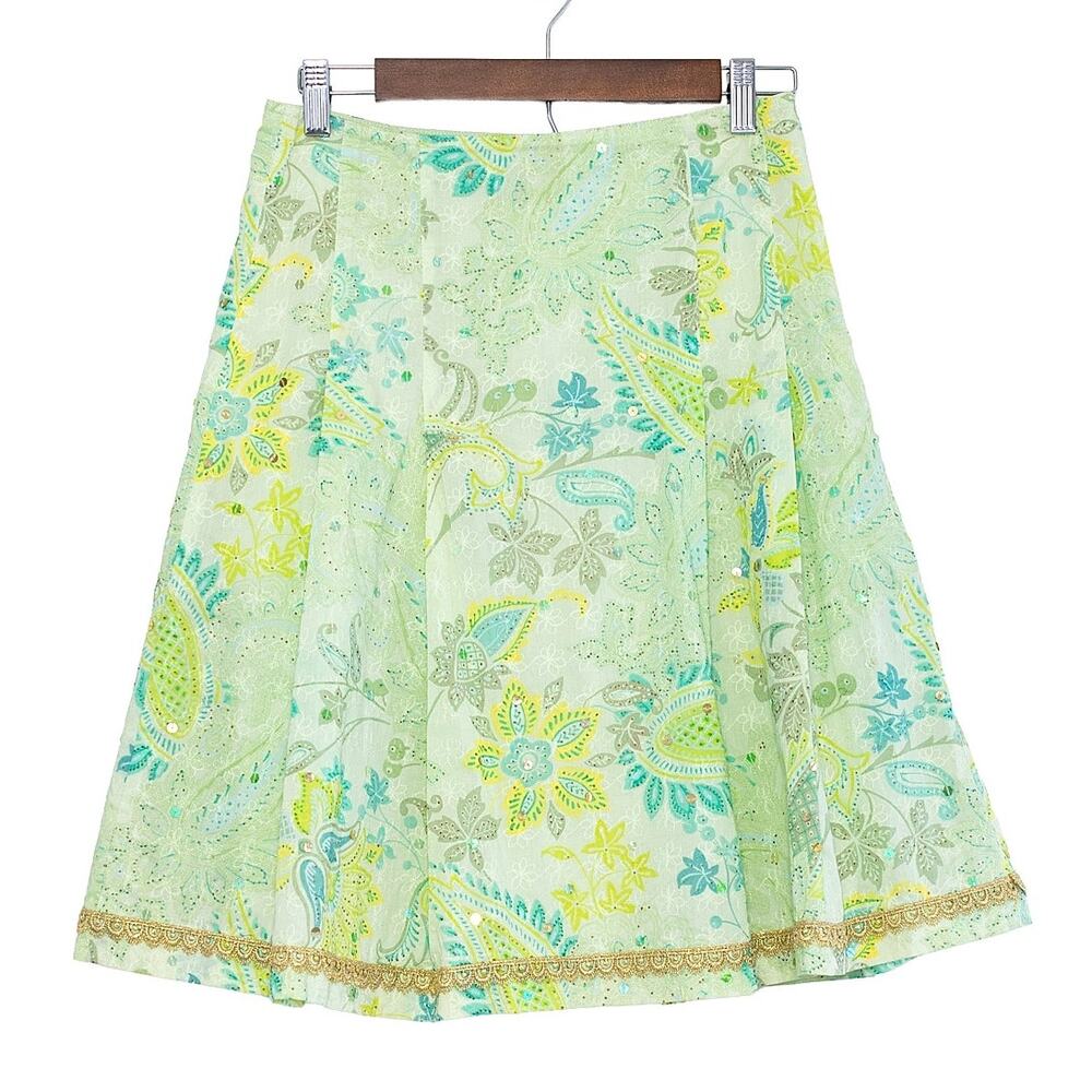 Y2K Express Embroidered Floral Skirt Women 2 Light Green Fairy Sparkle Whimsy